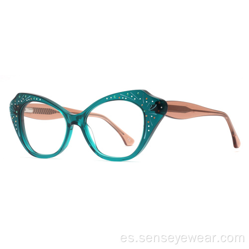 Mujeres Rhinestone Diamond Acetate Marco óptico Gafas